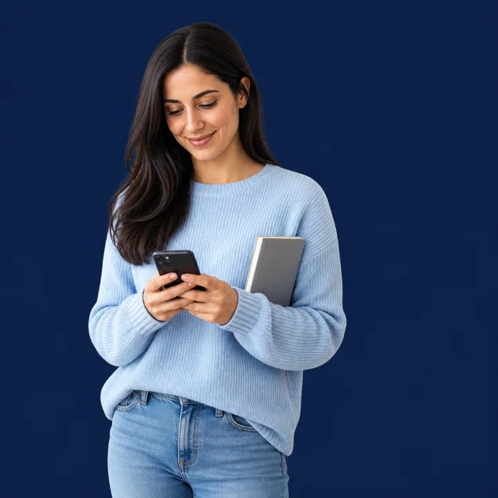 A woman checking her car accident case on her phone
