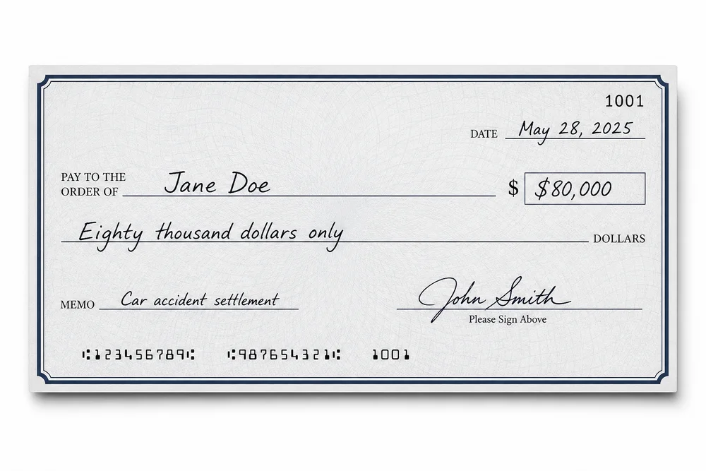 Illustration of a sample settlement check made out for eighty thousand dollars