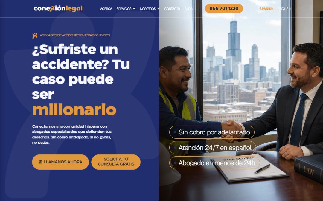 The Conexión Legal homepage: ¿Sufriste un accidente? Atención 24/7 en español.